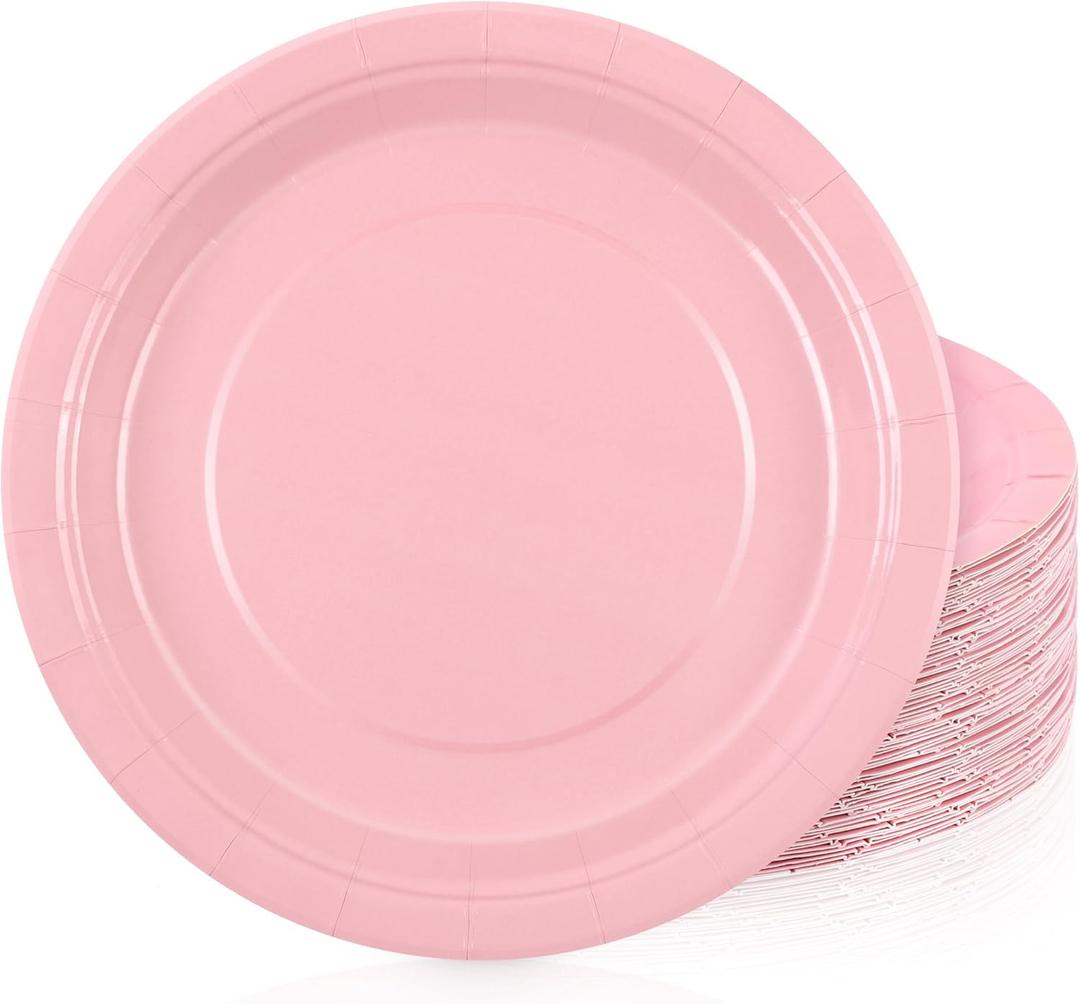 Breroa 72 Pink Paper Plates - 9 Inch, Disposable, Heavy Duty, Sustainable Dinner & Dessert Plates for Parties, Holidays, Picnics