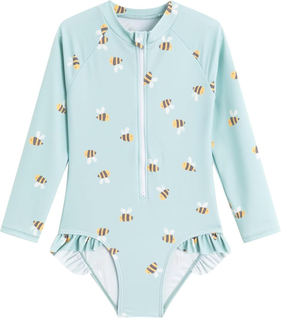 LIZENS Girls' One-Piece Swimwear Rash Guard Swimsuit Zipper Bathing Suits Long Sleeve Ruffle Girl Full Cover Flower Print 2-3 T