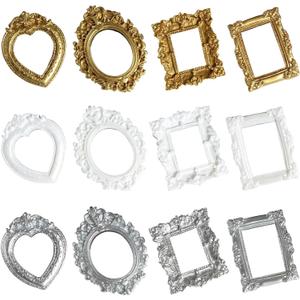 Vintage Mini Picture Frames - Set of 12, Resin Embossed Photo Frames for Display, Jewelry, DIY Crafts, Home and Holiday Decor, Tabletop and Wall Decoration