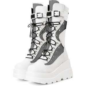 mikarka Womens Holographic Platform Mid Calf Combat Boots Lace Up Wedge Heel Studded Goth Knee High Boots, 39
