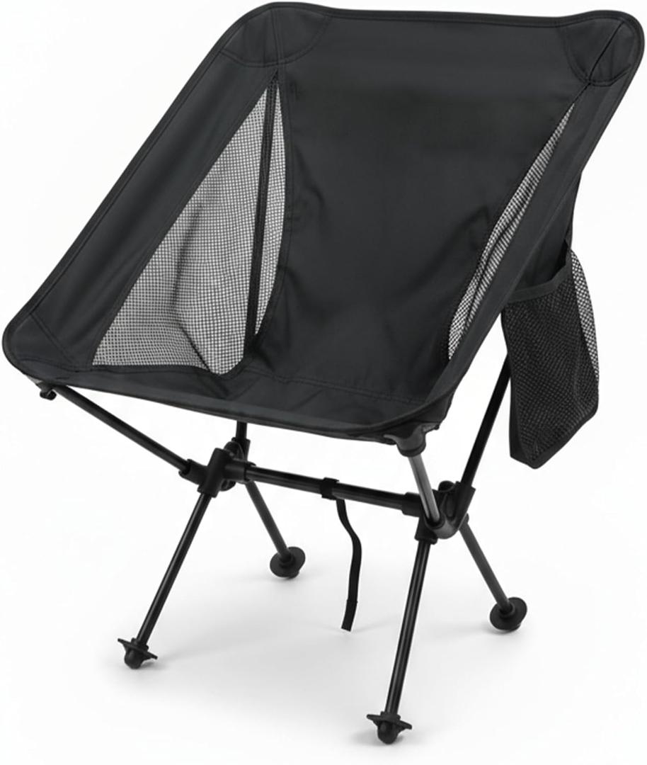 Ultralight Camping Chair, Folding Backpack Chair with Aluminum Frame, Side Pocket & Anti-Sinking Feet, Supports 330 lbs, Camp Chair for Outside, Hiking, Beach, and Travel (Black)
