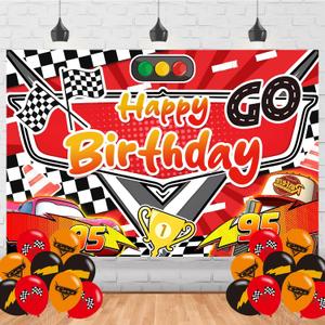 Lightning Car Happy Birthday Backdrop Lightning Car Banner Poster for Cartoon Car Theme Party Decorations Birthday Supplies Background Studio Shoot Photo Props Booth