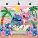 Summer Stittch Birthday Decorations,Summer Hawaiian Luau Aloha Backdrops for Party Decorations Supplies,Pink Angel Happy Birthday Banner Backdrop for Party Supplies (5x3ft)