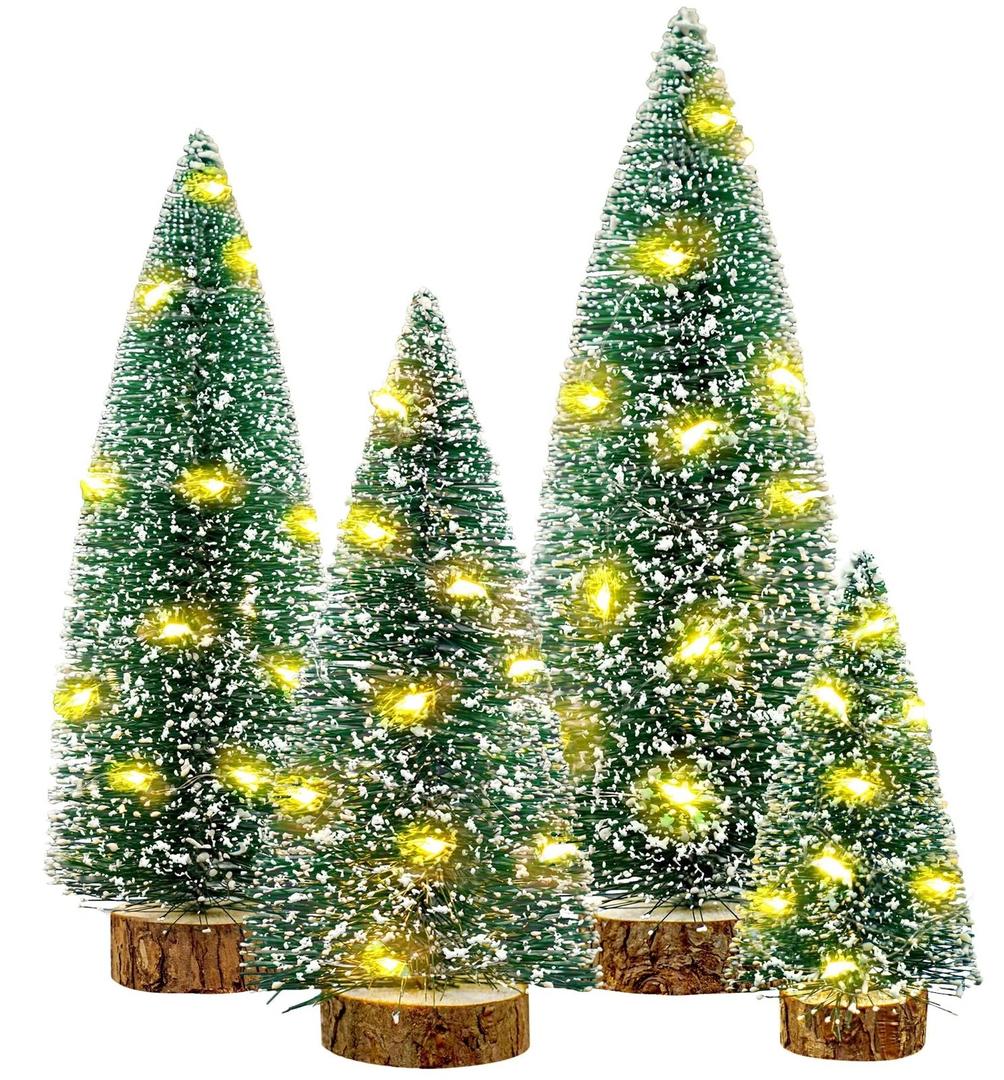 Small Christmas Tree with Lights, 4 Pcs Table Top Mini Christmas Tree with Wooden Bases, LED String Light Small Bottle Brush Pine Tree Decor for Xmas Holiday Party Home Indoor Christmas Decoration