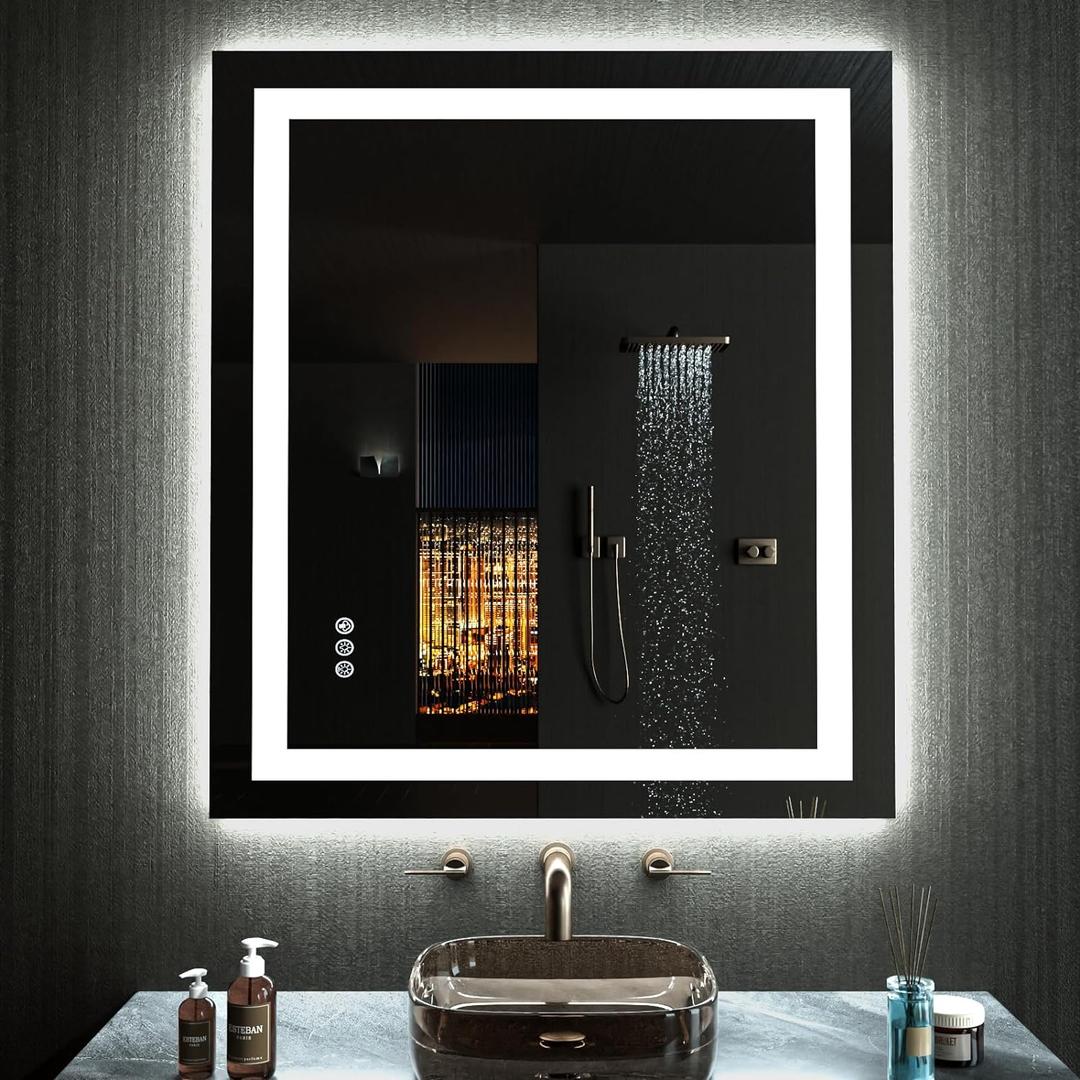 LOAAO 24X30 RGB LED Bathroom Mirror with Lights, Large, Anti-Fog, Dimmable Smart Lighted Bathroom Vanity Mirror, Multiple Light Modes, RGB Backlit + Front Light, Memory Function, Tempered Glass
