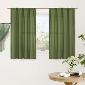 LAMIT Linen Curtains 45 Inch Length 2 Panels Set for Bedroom, Light Filtering Semi Sheer Neutral Short Decorative Window Rod Pocket Christmas Decor Drapes for RV/Basement, 42 X 45 Inch, Olive Green