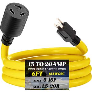 Kanayu 6ft 12awg Pool Pump Adapter Cord Compatible with NEMA 5-15p to L5-20r, 3 Prong 15a Household Male Plug to 3 Prong 20a Locking Female Receptacle, 125v 1875w for RV Generator Welder, ETL Listed