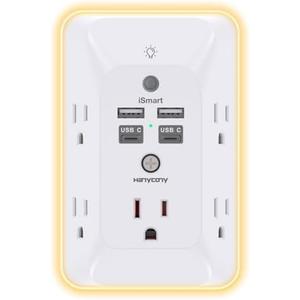 Multi Plug Outlet, HANYCONY Outlet Extender with 4 USB Ports (2 USB C) and Night Light, 1050J Surge Protector, Wall Mount, Outlet Splitter for Bathroom Kicthen Camper Dorm Room Essentials
