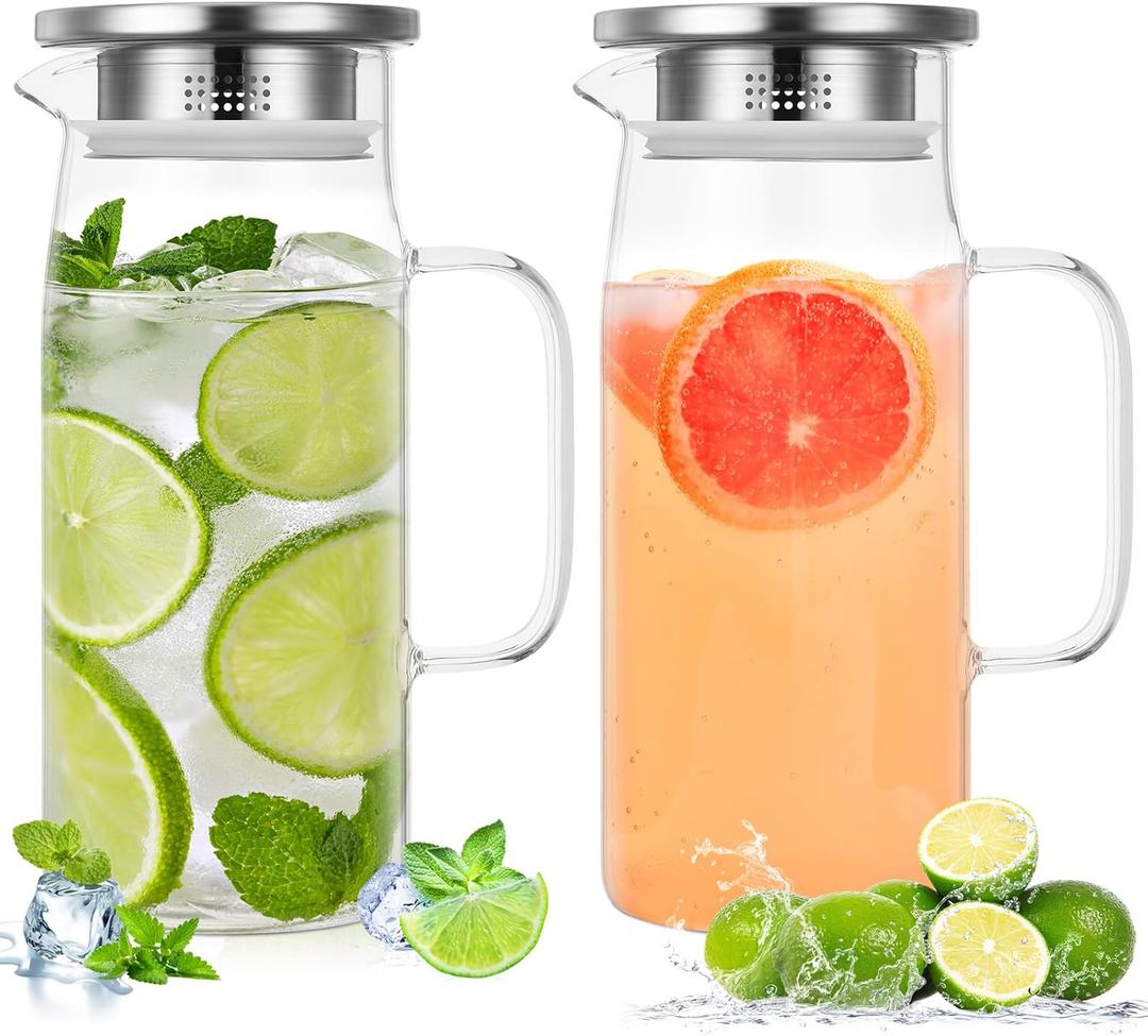 2 Pcs Glass Pitcher with Lid and Spout, Glass Carafe for Hot/Cold Water with Handle, Iced Tea Pitchers Beverage Pitchers for Fridge Coffee, Juice and Homemade(Stainless Steel,27 oz)