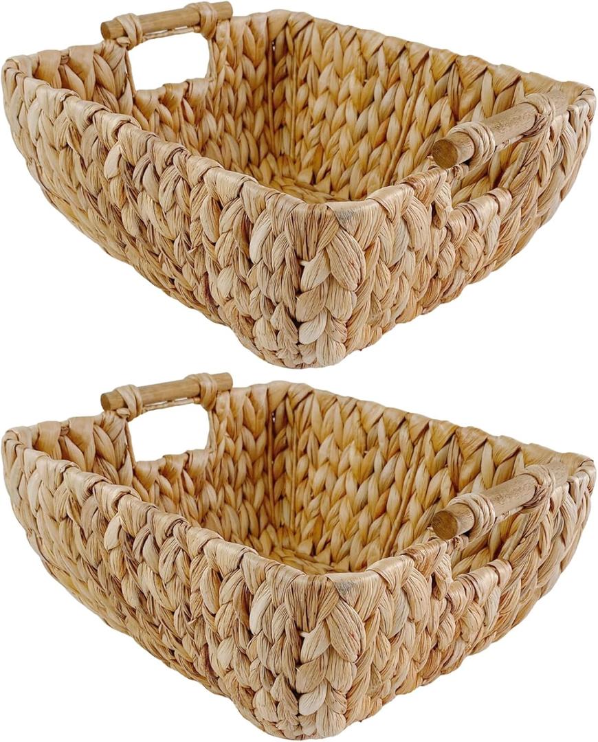 Medium Rectangular Handwoven Wicker Basket - Water Hyacinth Storage Baskets with 2 Polished Wooden Handles for Store Hand Towel, Fruits & Veggies etc 10.75"x15.25"x5" - Pack of 2 - Natural