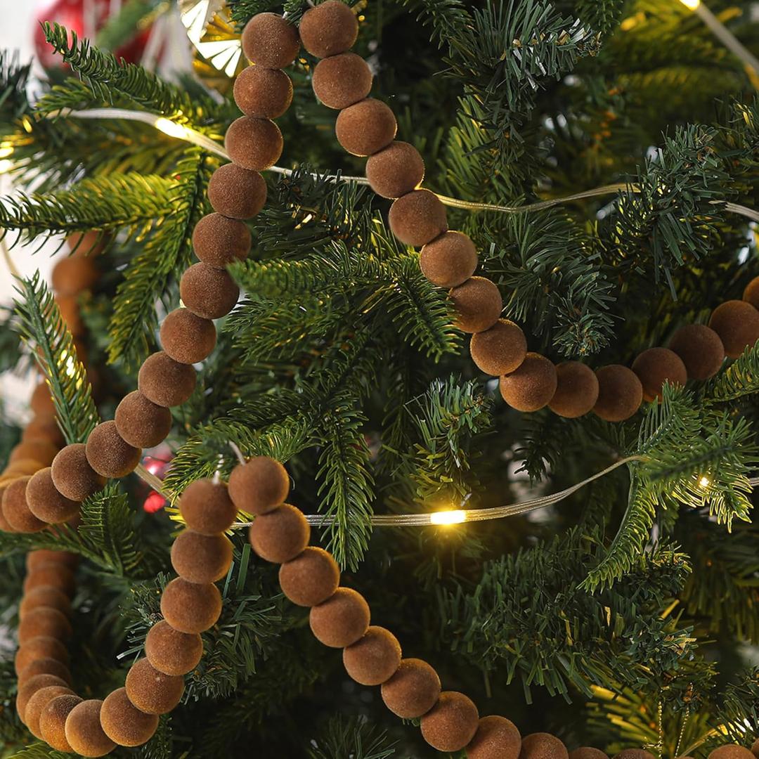 Roowest Flocking Velvet Wood Beaded Christmas Tree Decor 6.6 ft Brown Wooden Bead Garland Decorations Farmhouse Vintage Wood Bead Garlands Boho Hanging Decorations for Xmas Decoration Supplies