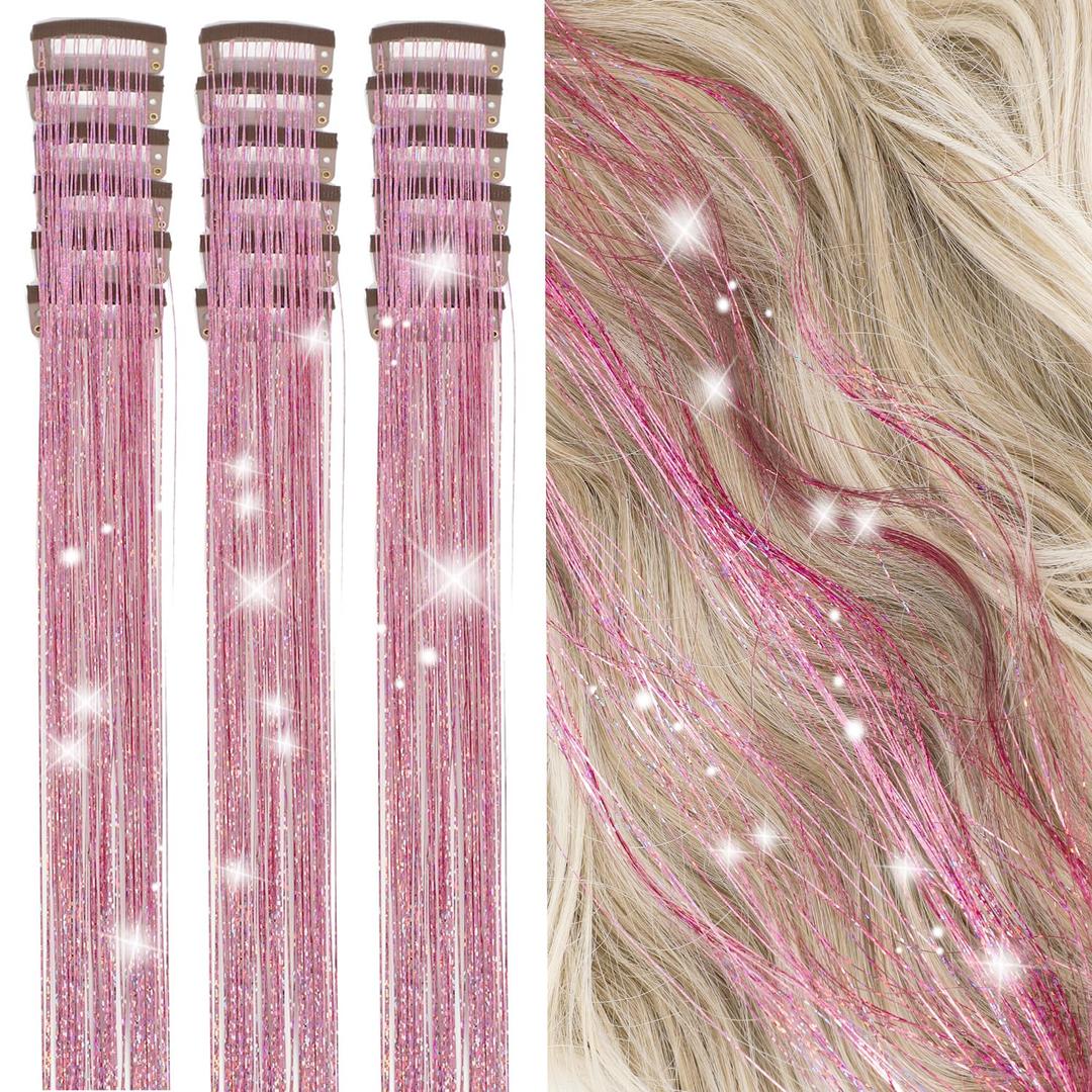 2 x ZYXQZYX Hair Tinsel Kit Pack of 18 Pcs Hair Tinsel Clip in 19.6Inch Glitter Tinsel Hair Extensions Heat Resistant Clip in Hair Tinsel Sparkle Fairy Hair Accessories for Kids Girls Women (Pink)