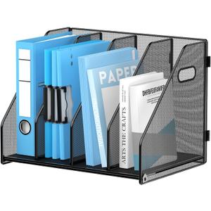 SUPEASY Binder Organizer, Magazine File Holder with 4 Vertical Compartments Rack, Metal Desk File Organizer & Binder Holders, Magazine Organizers for Office Desktop, Home, School (Black)