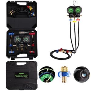 Wayona R1234yf R134a AC Manifold Gauge Set with Glow Dial, 3 Way HVAC Gauge Kit with Memory Couplers and Can Taps, Automotive Freon Charging and Evacuation Tool