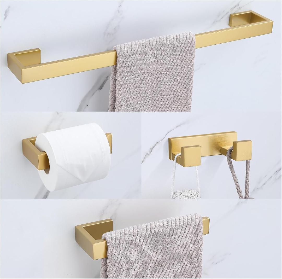 Brushed Gold Bathroom Hardware Set, 4-Piece Bath Towel Bar Set SUS304 Stainless Steel Towel Rack Set for Bathroom, 23.6 inches Bathroom Towel Holder Set Wall Mounted