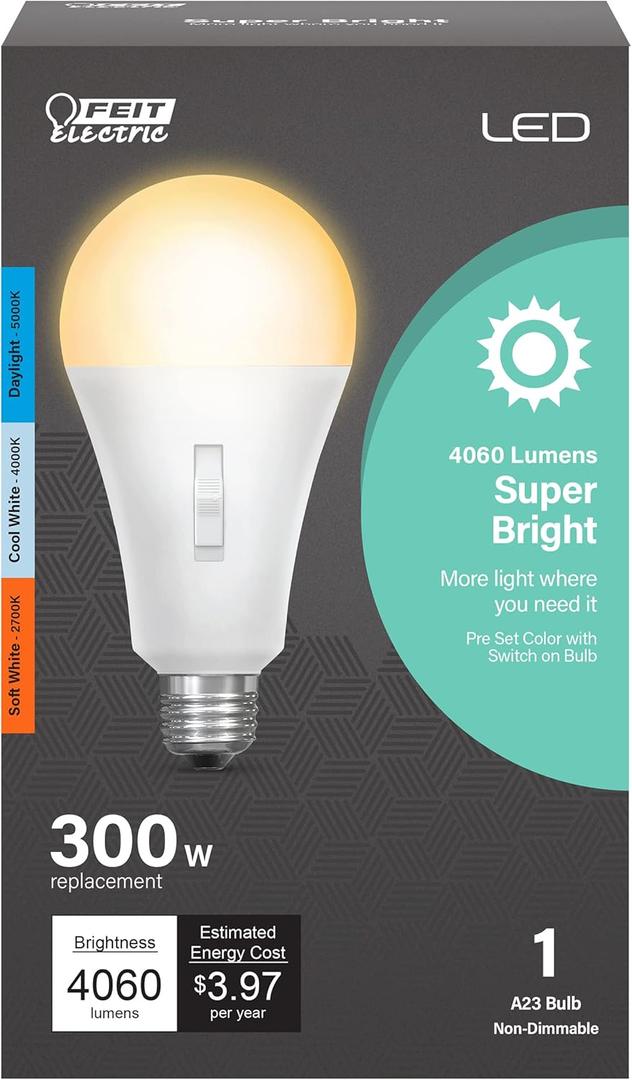 Feit Electric LED Three-Color Selectable Intellibulb - A23 with an E26 Medium Base Light Bulb - 300W Equivalent - 15 Year Life - 4060 Lumen - 2700K Soft White, 4000K Cool White and 5000K Daylight