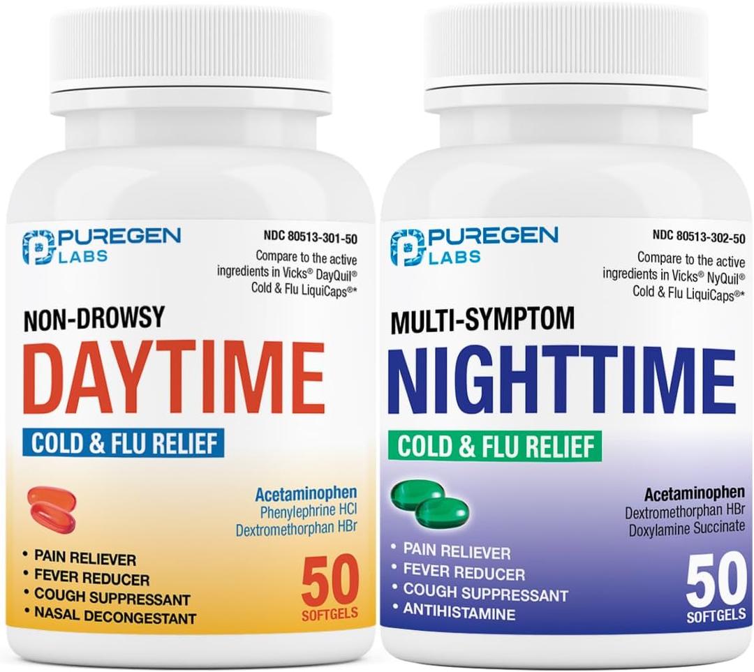 Puregen Labs Daytime and Nighttime Combo Pack, Cold and Flu Relief Medicine | Powerful Multi-Symptom Daytime and Nighttime Relief for Headache, Fever, Sore Throat, Cough, Congestion and Aches. Exp 11/2027