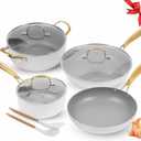 AUDANNE Nonstick Pots and Pans Set 9 Pieces, Non Stick Kitchen Cookware, Cooking Skillets Include Frying Pan with Lid, Saucepan, Casserole, Spoon, Turner Spatula, PFOA Free for Induction, White & Gold