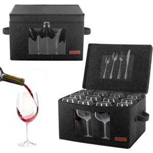 Foyego 2 Pack Wine Glass Storage Box with Dividers, Stemware Storage Containers for Packing and Moving, China Storage Containers Box for 12 Crystal Glassware, Wine Glasses, Drinkware,Dark Gray