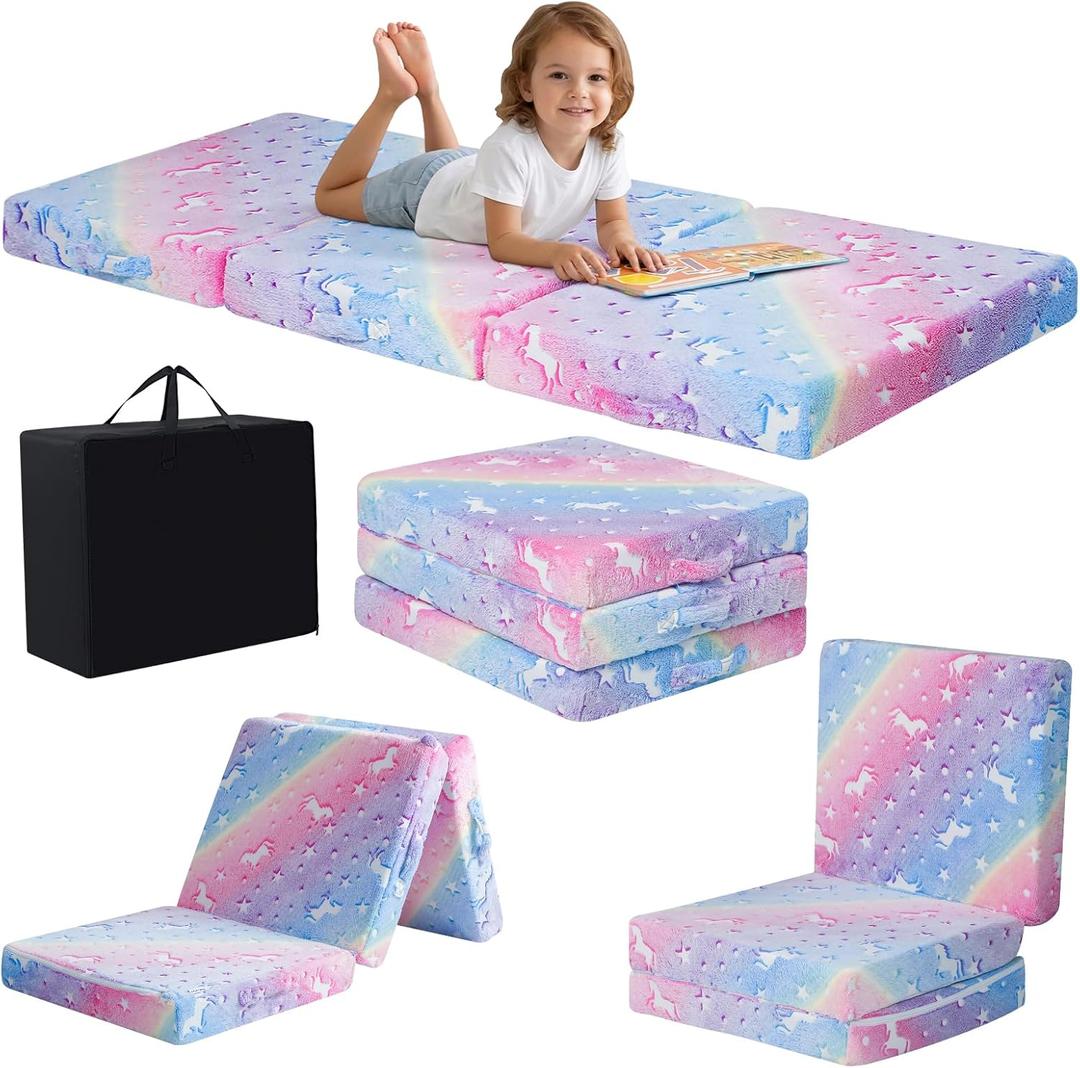 MeMoreCool Foldable Floor Cushion for Kids, Glow Star Trifold Play Mat, Portable Floor Lounger Seat Pad, 57x22 Inch Colorful (Rainbow Unicorn)