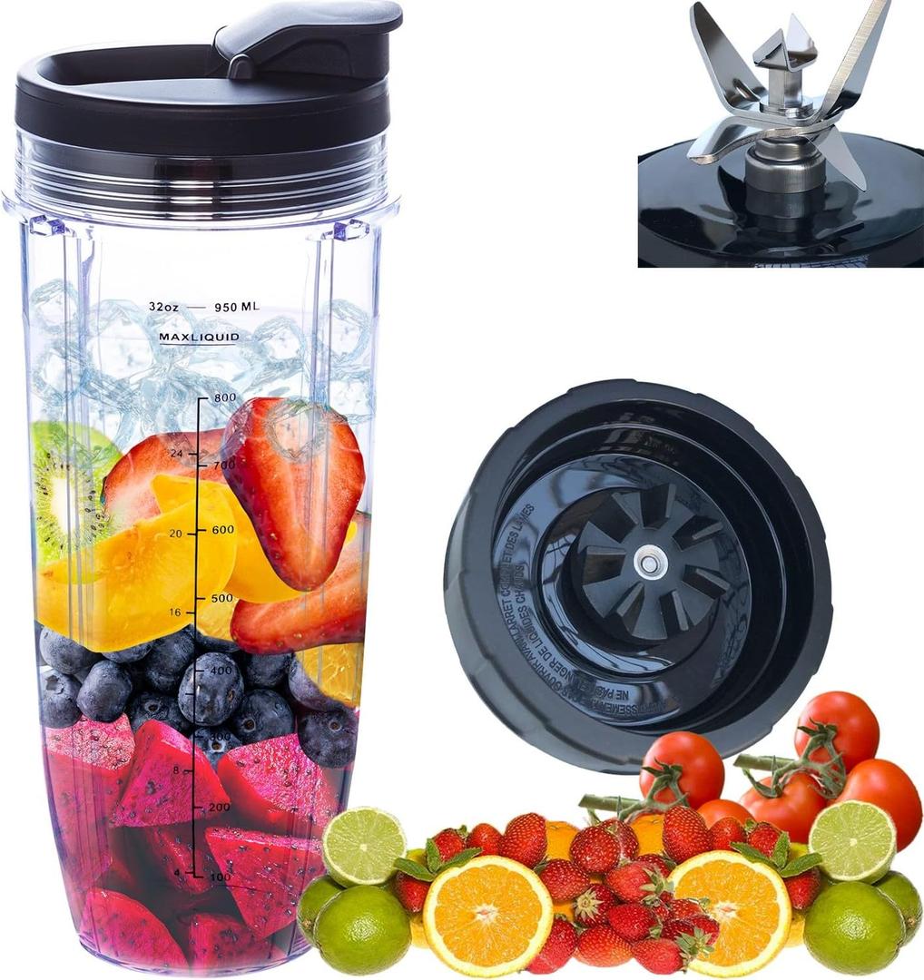 Replacement blender Blade and 32oz Cup Accessories with Lid, Only Compatible with Nutri Ninja SS150,SS151,SS300, SS350,SS351, CO351B, SS100, SS101, CO101B,SS400,SS401