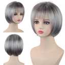 TISHINING Short Gray Bob Wig with Bangs for White Women 10 Inch Layered Mix Grey Straight Bob Wig Chin Length Salt and Pepper Wigs for Women Synthetic Natural Looking Daily Party Wig