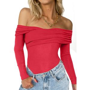CSDAJIO Off The Shoulder Tops for Women Long Sleeve Ribbed Top Cross Wrap Going Out Shirt Fitted Tee (Red, S)