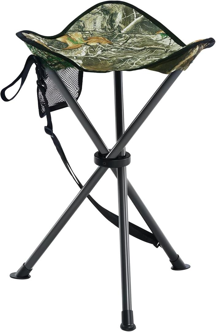 Portal Folding Camping Stool Portable Foldable Tripod Seat for Hiking Hunting Walking Fishing Travel Outdoors with Side Pockets Sturdy Steel Legs Support Up to 225 LBS (Camo-fabric)