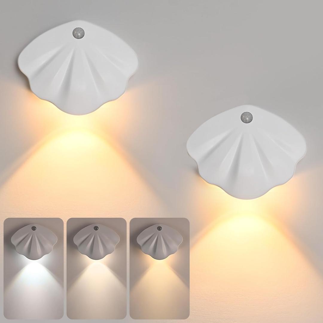 Dijjaqim Shell Motion Sensor Night Lights.Battery Operated Wall Sconces Set of Two.Wall Mounted Lamps with 3 Color Temperatures & Dimmable.Magnetic.LED Wall Light for Bedroom Hallway Stairway (White)
