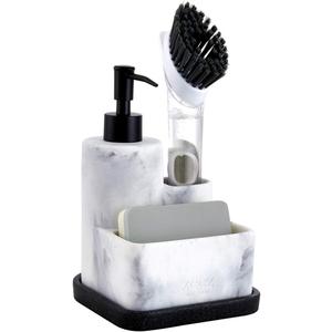 ZCCZ White Soap Dispenser with Sponge Holder, Kitchen Soap Dispenser Pump, Sponge Caddy and Brush Holder 3 in 1 Set Organizer for Sink Countertop, Removable Tray, Marble Look (Brush NOT Included)