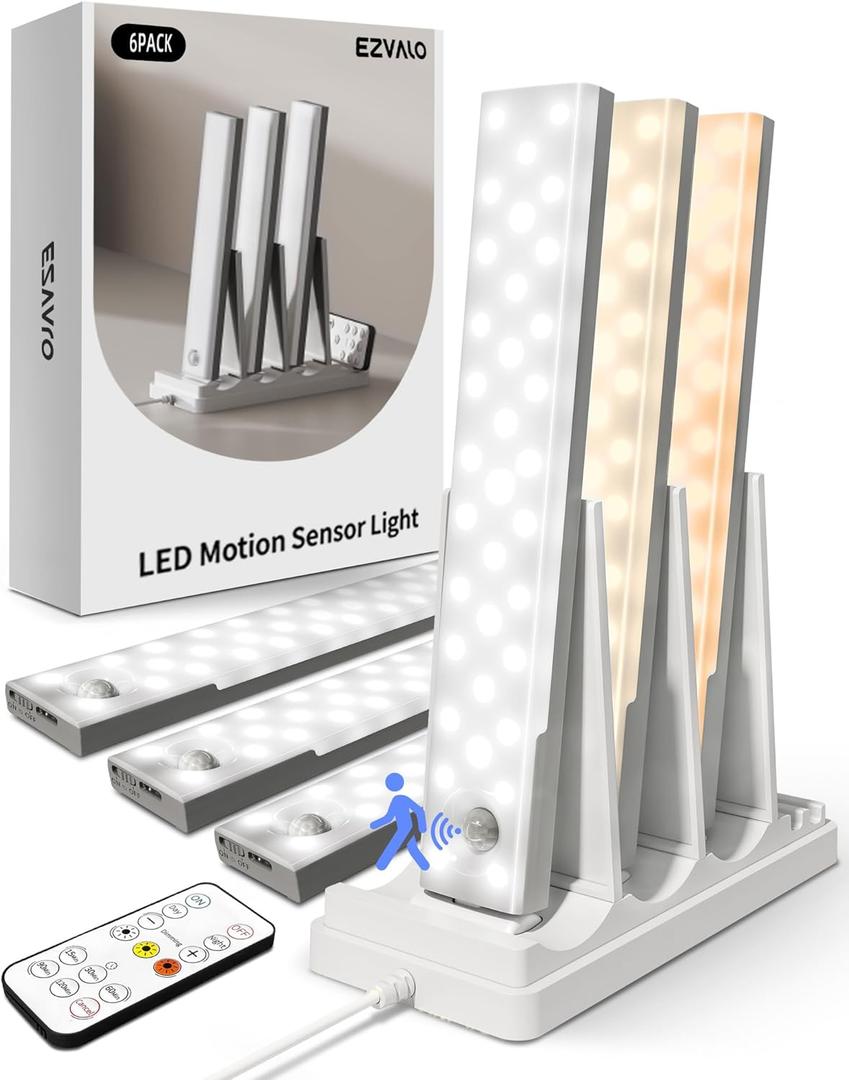 EZVALO 6-Pack Under Cabinet Lighting with Charging Station, 2000mAh Rechargeable Wireless Motion Sensor Lights, 3 Color Temps, Dimmable, Timer, Magnetic, with Remote Control for Kitchen, Closet, Stair, White