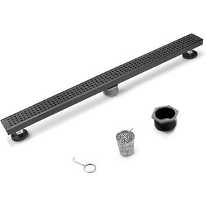 HEATGENE Linear Shower Drain 36-Inch, Stainless Steel Rectangle Shower Floor Drain with Removable Quadrato Pattern Grate, Shower Drain with Hair Strainer, Matte Black