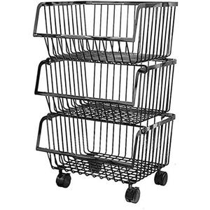 Metal Rolling Stackable Wire Baskets with Wheels Multi Purpose Storage Cart for Kitchen Bathroom Living Room Bedroom Space Saving Organizer Basket (3-tier, Black)