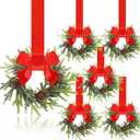 Dingion 6 Pcs 6 Inch Christmas Mini Cabinet Wreaths for Kitchen with Ribbon Bows Norfolk Pine Small Window Wreaths Garland for Door Window Farmhouse Christmas Party Decorations