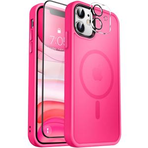 MOCCA Strong Magnetic for iPhone 11 Phone Case,[Compatible with Magsafe][Glass Screen Protector+Camera Lens Protector] Slim Thin Shockproof Cover Case for iPhone 11 6.1 inch, Hot Pink