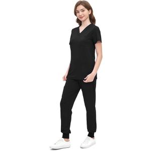 ROMASA Jogging Scrubs Set for Women,Soft and Stretchy Nurse Uniform V-Neck Top and Yoga Jogger Pants with Multi Pocket (X-Large, Black)