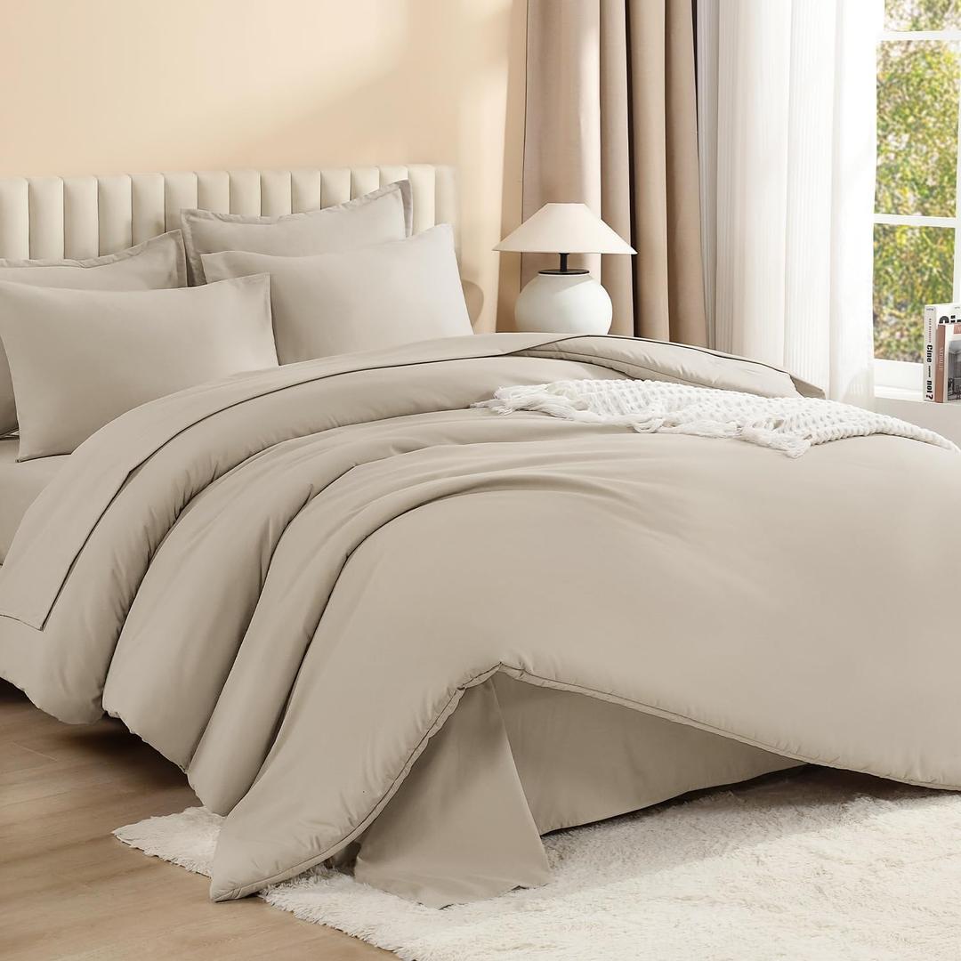 Litanika Super King Comforter Set Oatmeal - 7 Pieces Bed in a Bag Oversized King Bedding Comforter Sets, Solid Lightweight Bed Set with Comforter, Sheets, Pillowcases & Shams