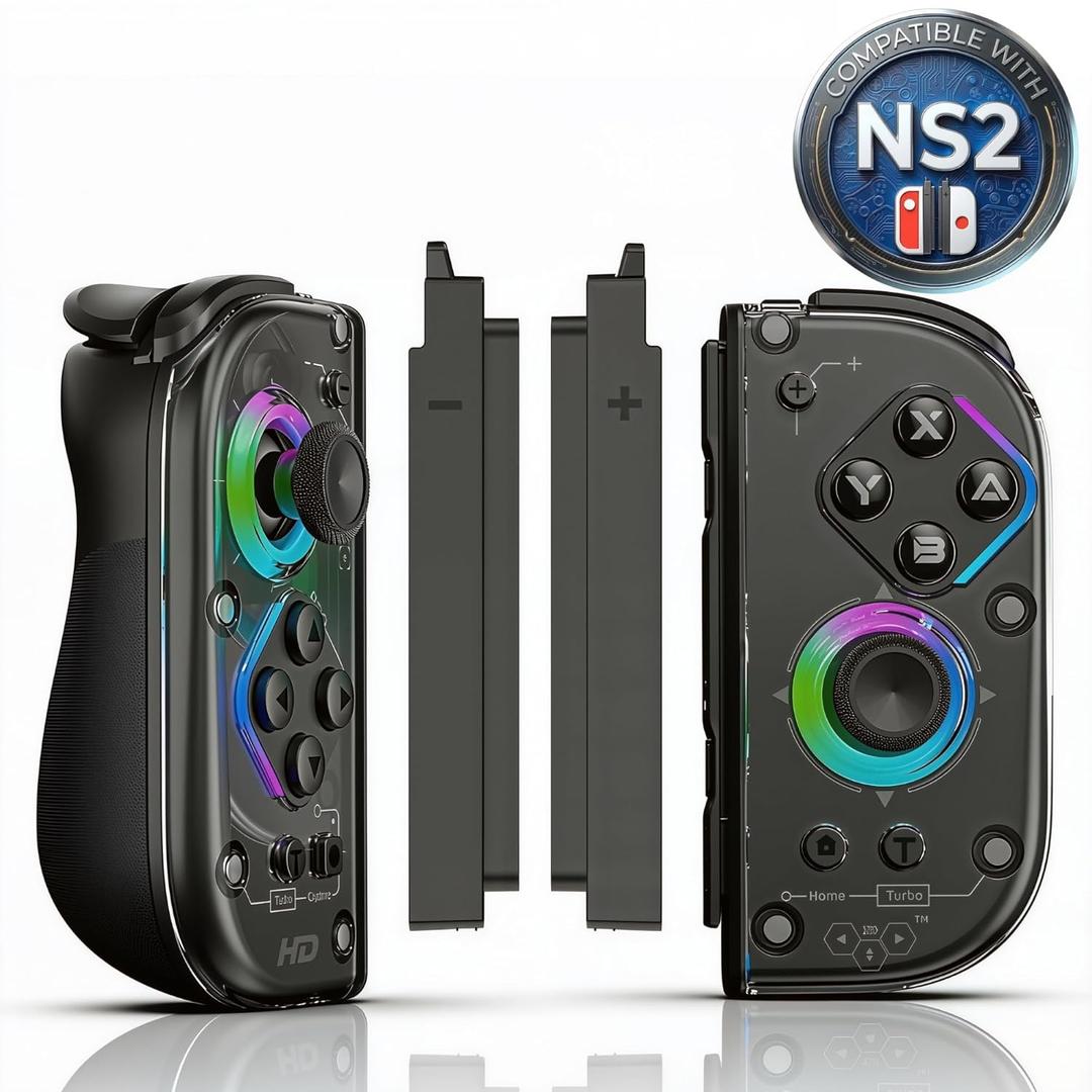 TNDA Switch Controller Joy Con Compatible with Nintendo Switch and Switch 2, Charging Adapters Included, Hall Effect Joystick Wireless Joypad with RGB Lighting, 6-Axis Gyroscope Motion Control, Turbo Button, Rechargeable Battery