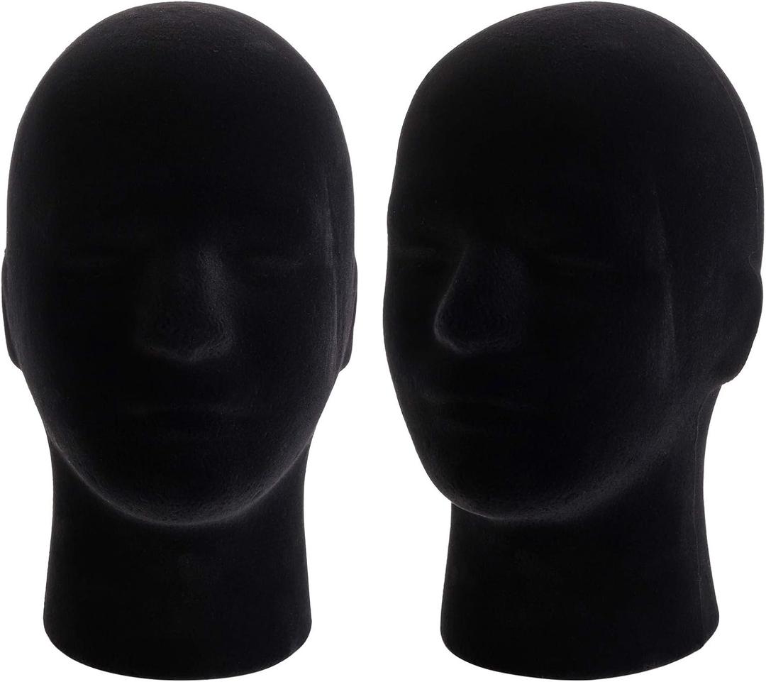 Hedume 2 Pack Mannequin Head Stand Model, Foam Black Velvet Male Wigs Display Model, Mannequin Manikin Head for Wig, Hat, Glasses