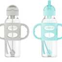 Dr. Brown's Milestones Narrow Sippy Straw Bottle, SpillProof with 100% Silicone Handles and Weighted Straw, 8 oz/250 mL, Gray/Green, 6m+