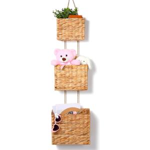 Chunful Wicker Hanging Wall Basket Woven Water Hyacinth Hanging Basket Handmade Wall Mounted Storage Bag for Kitchen Organizing Home Pantry Garden Office Farmhouse Decorative