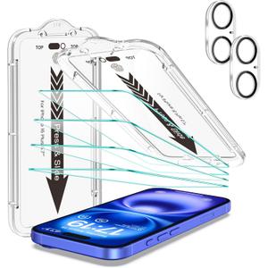 EZ-GLAZ 4-Pack Screen Protectors for iPhone 16 Plus[6.7"] Transparent HD Clear with Flawless Fit Kit + 2-Pack Camera Lens Protector, 15-Second Bubble-Free Installation, 9H Hardness, 12FT Military Grade Shatterproof, Scratch Resistant, Tempered Glass