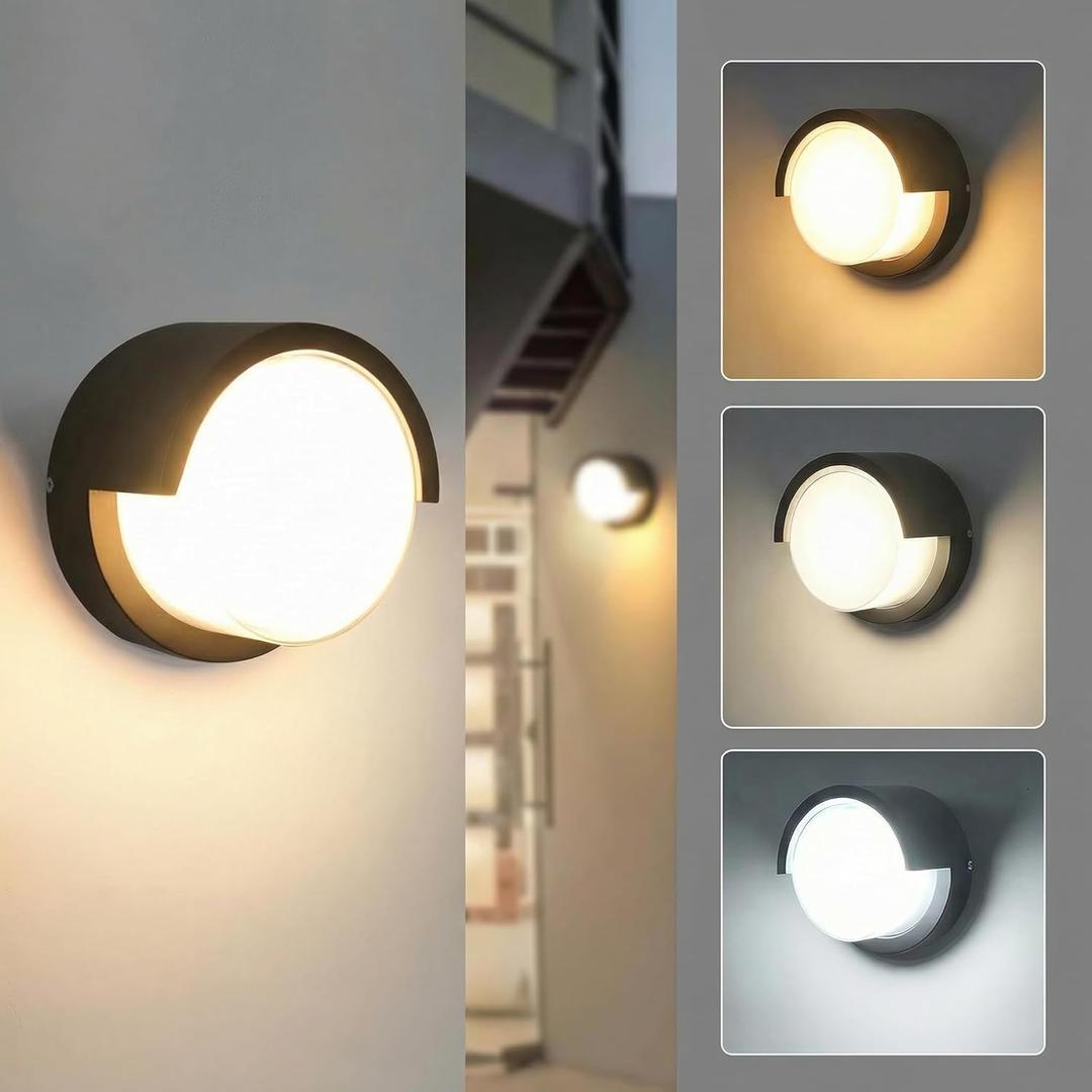 Aiwewin 2 Pack Outdoor Wall Sconces, 6 Inch Modern Round LED Exterior Light Fixtures, 1200LM 3CCT Selectable (3000K/4000K/6000K), IP65 Waterproof Black Aluminum Porch Lights for Garage, House, Garden