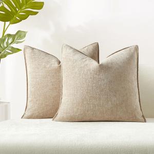 JUSPURBET Set of 2 Beige Chenille Throw Pillow Covers 20x20 Inch Soft Textured Decorative Cushion Cases for Couch Sofa Bed Solid Home Decor Pillowcases