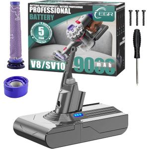 EGR Upgraded 9000mAh V8 Battery Replacement Compatible with Dyson V8 Animal Battery Replacement V8 Absolute/Motorhead/Fluffy SV10 Carbon Fiber Vacuum Cleaner 2 Filters and 3 Screws Included