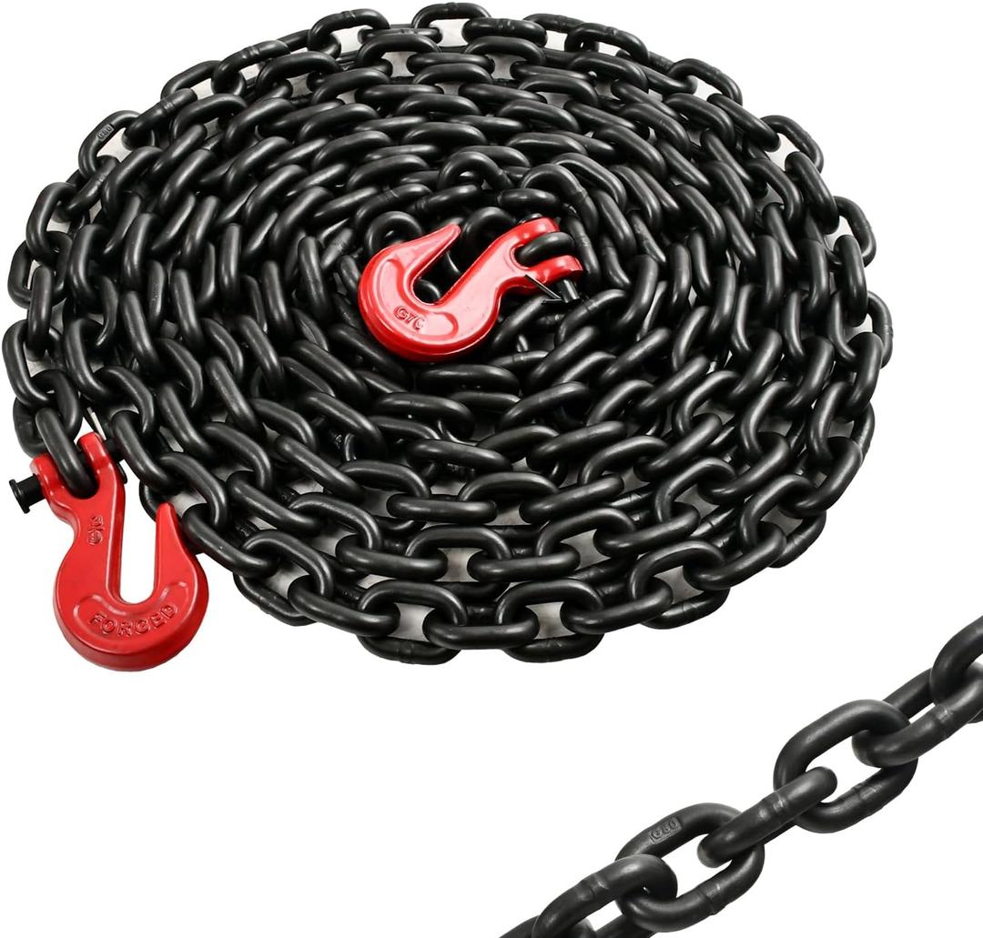 Heavy Duty G80 Transport Binder Chain 3/8'' Inch x 20 Feet,Tow Chain with G70 Clevis Grab Hooks,7100 lbs Safe Working Load Logging for Transporting, Towing(3/8'' x 20FT Black).