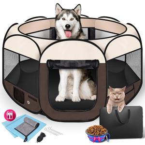 Dog Playpen 45", HOMAGICO Pet Playpen for Indoor Cats Enclosed, Portable Dog Cage Outdoor Tent Crate with Carrying Case, Water-Resistant and Removable Shade Cover,Brown
