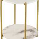 Gawicpy 2 Tier Round Side Table, Folding End Tables Coffee Table Simplistic Sofa Table Waterproof Removable Tray Table Indoor Outdoor Accent Table for Living Room Bedroom (Faux Marble White, 1pcs)
