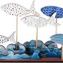 Novabright 10 Pcs Coastal Table Decor Wood School of Fish Sign Summer Beach Blue Sea Wave Centerpieces Ocean Standing Farmhouse Under The Sea Party Supplies for Home Cabinet Shelf Tabletop Decor