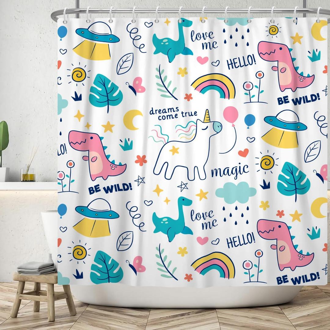 Dreamy Theme Bathroom Dino Dinosaur Rainbow Magical Shower Curtain with Hooks, Waterproof Polyester Fabric, 48x72 Inch